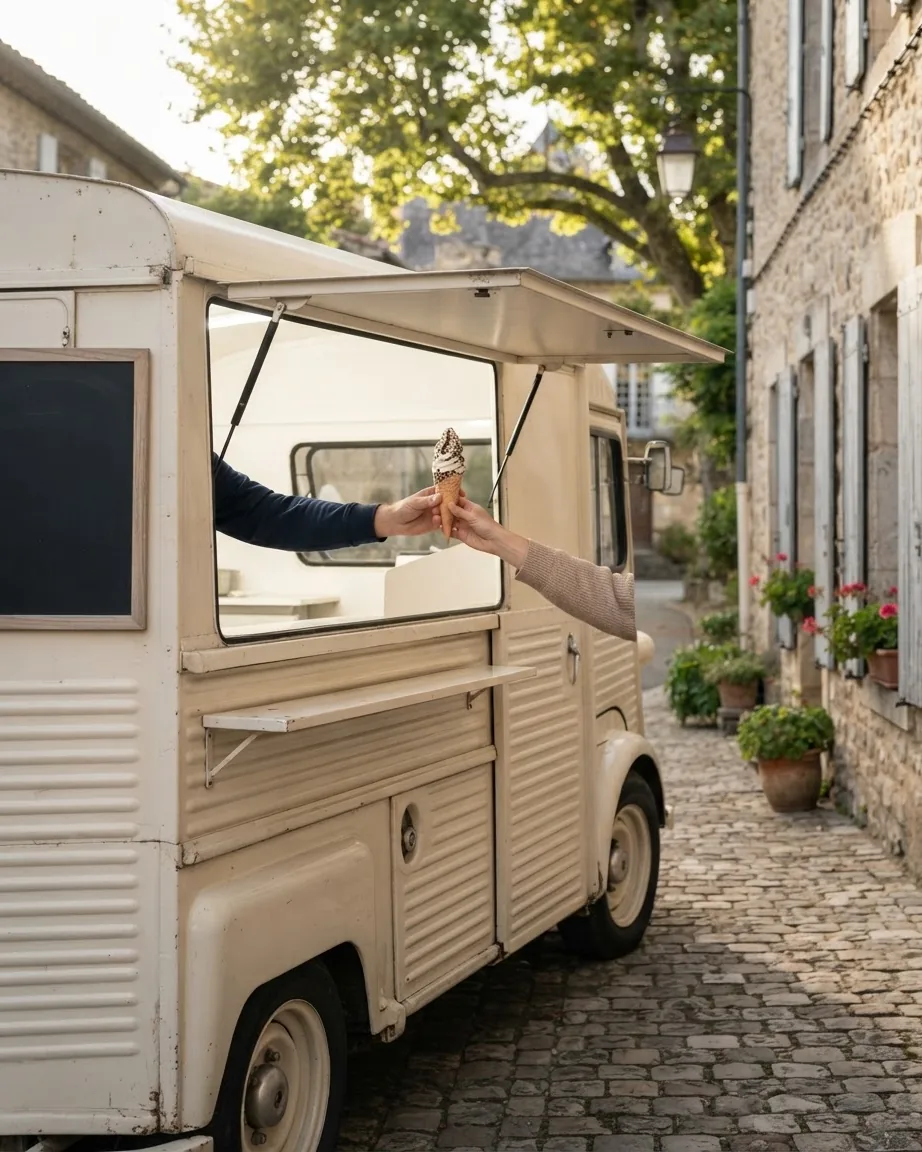 Two hands exchange a soft-serve ice cream cone through the window of a cream-colored truck on a cobblestone street.
