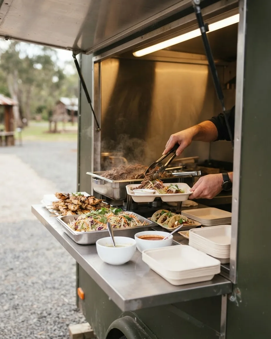A food truck worker uses tongs to serve grilled meat into takeaway trays beside tacos, salads, and sauces.
