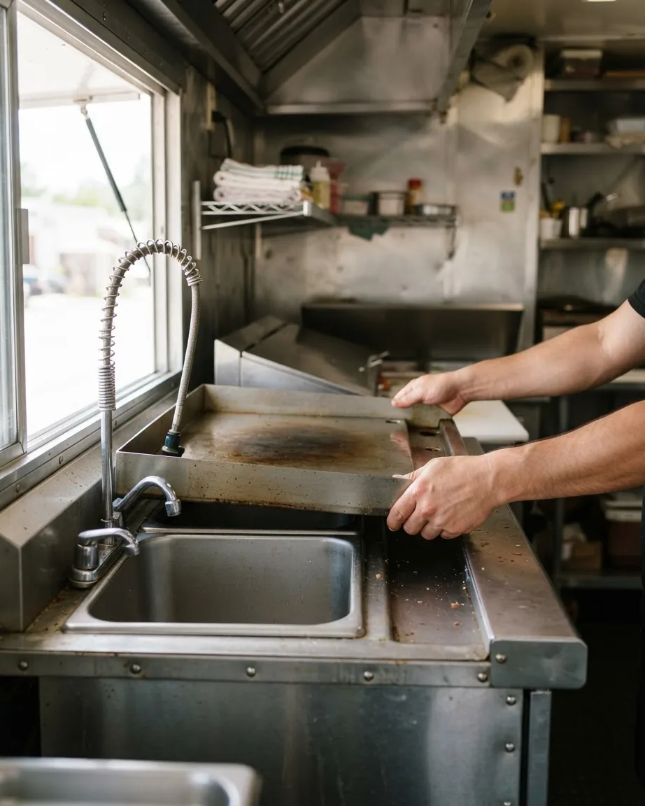 Hands position a metal griddle beside a stainless steel sink inside a compact food truck kitchen.