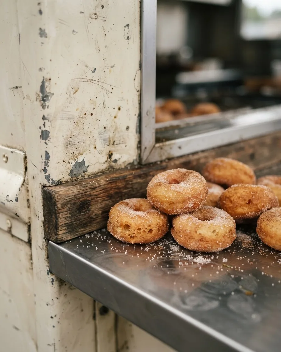 Sugar-coated mini donuts rest on a metal serving shelf beside a weathered food truck window.