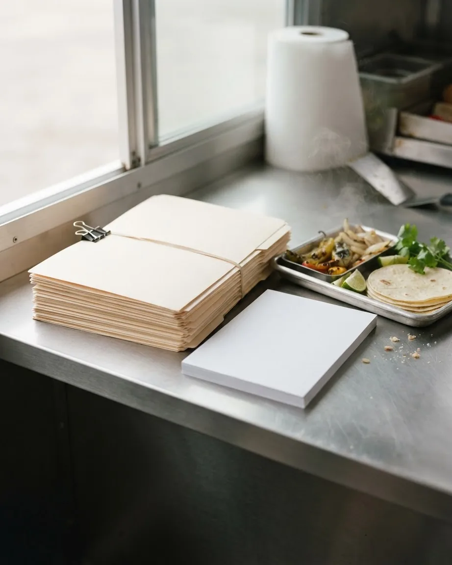A stack of blank papers clipped together beside a white notepad and a tray of tacos on a stainless steel counter.