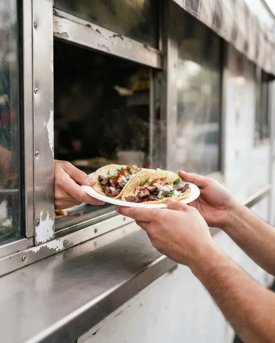 Hands pass a white plate of two meat tacos through the metal service window of a food truck.