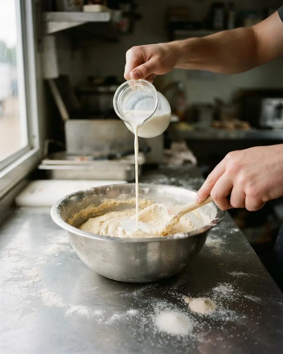 Hands pour liquid from a glass jar into thick batter in a metal mixing bowl while stirring with a wooden spoon.