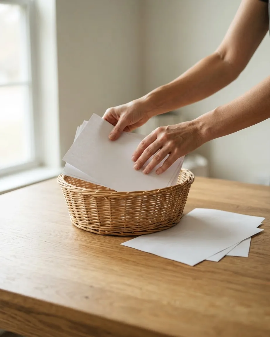 Hands place a stack of blank white papers into a wicker basket on a wooden table beside more papers.
