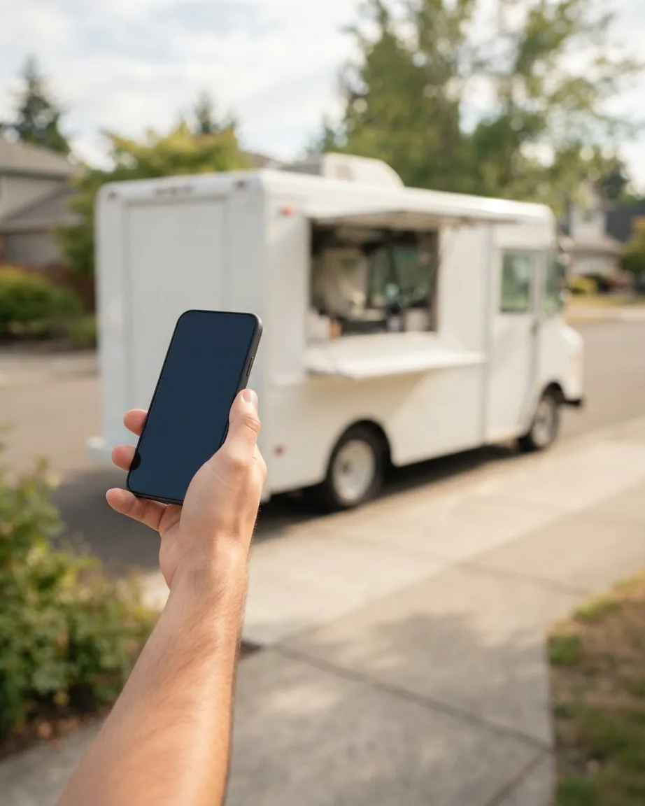 A hand holds a dark-screened smartphone in front of a white ice cream truck parked on a suburban street.