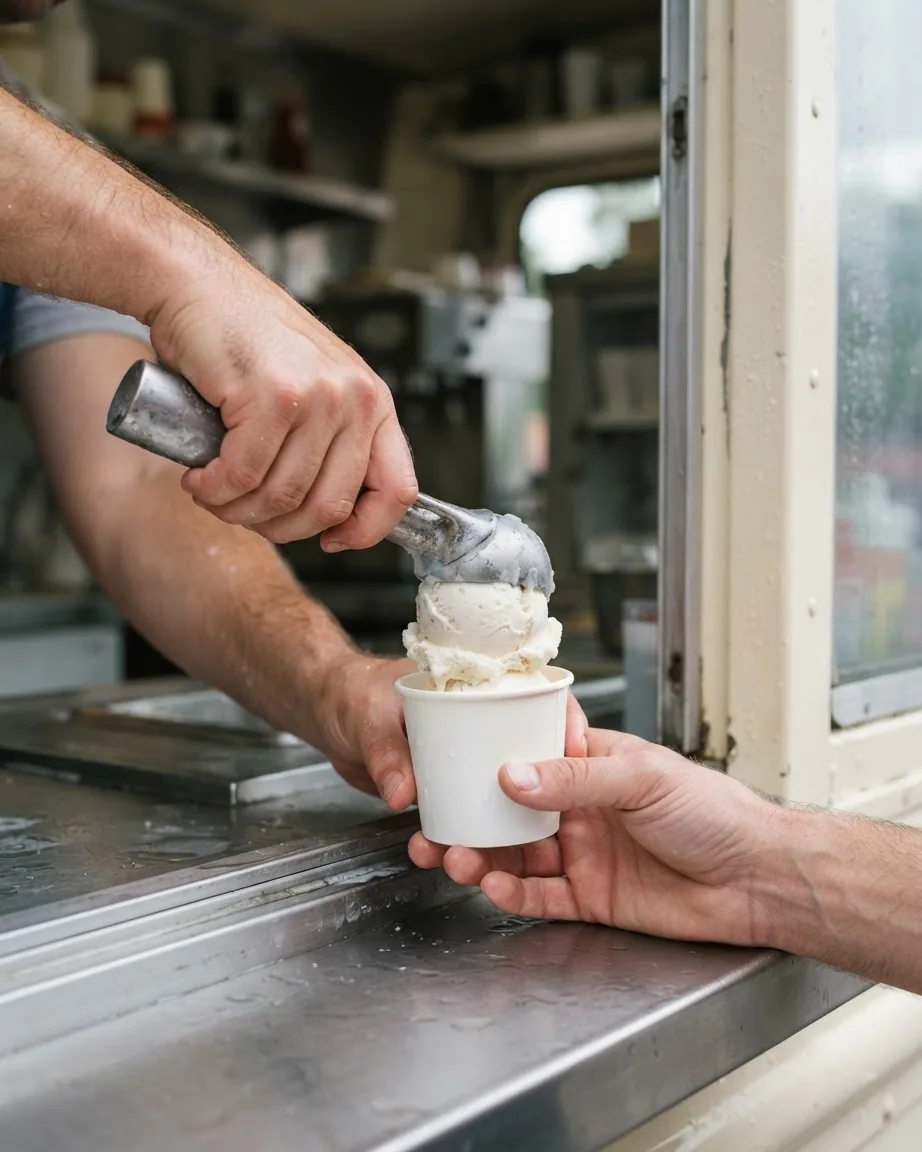A worker scoops vanilla ice cream into a white paper cup held by a customer at a truck service window.